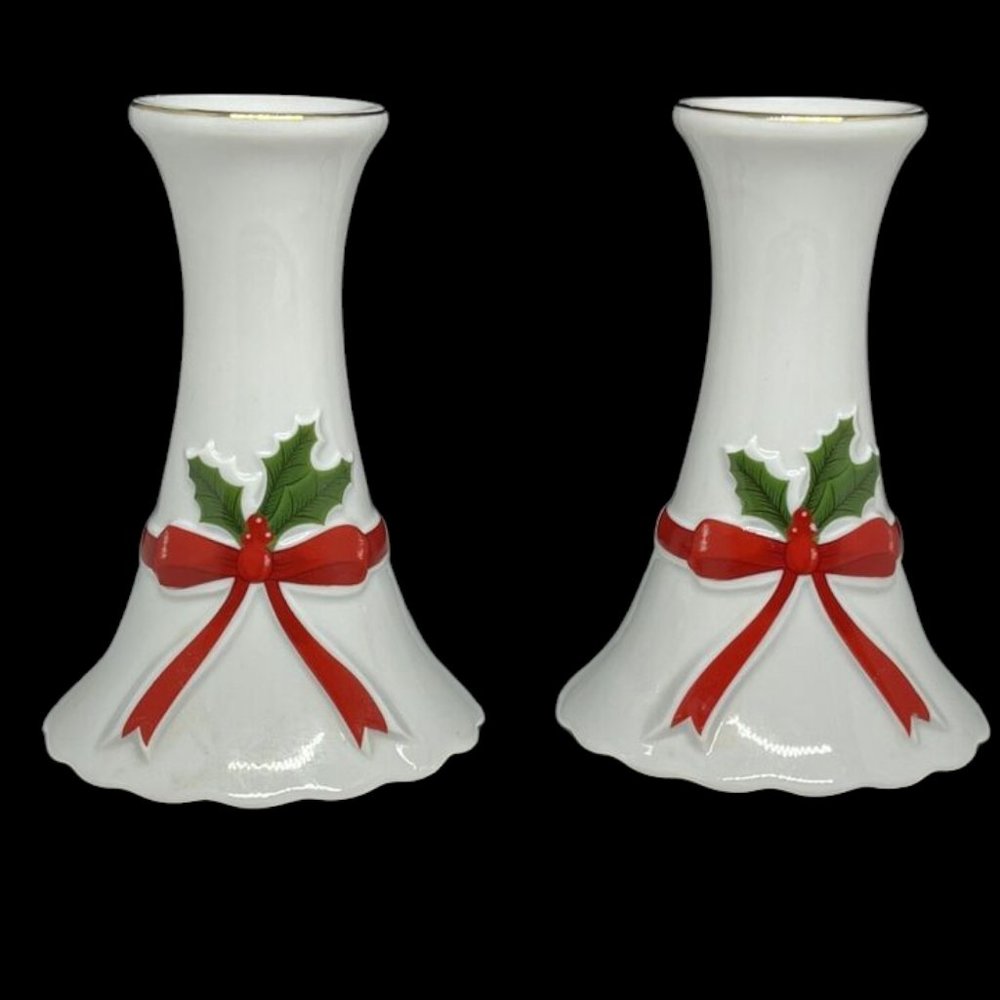 Vintage Mount Clemens Pottery Robbin and Holly Porcelain Candlesticks